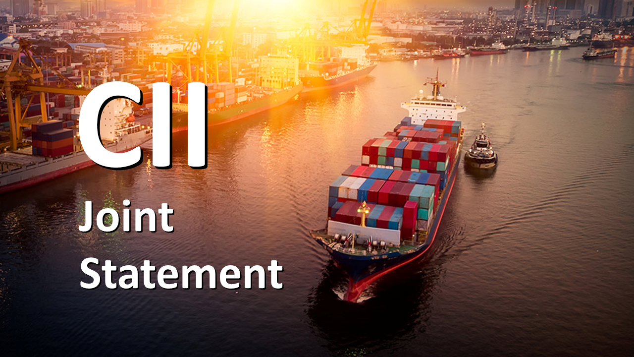 A container ship being guided into port by a tug, with the text "CII Joint Statement"